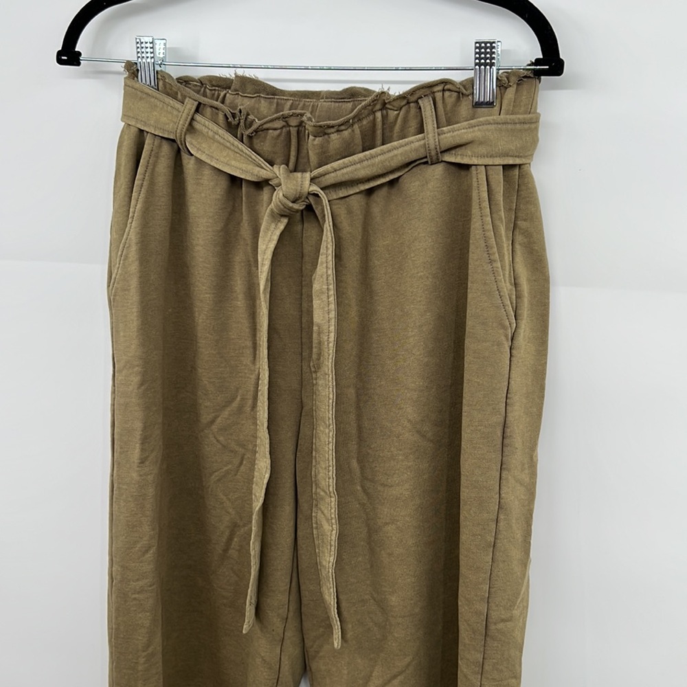 🆕Olive Green French Terry Paperbag Waist Tie High Waist Wide Leg Pants S,M & L - Picture 16 of 16